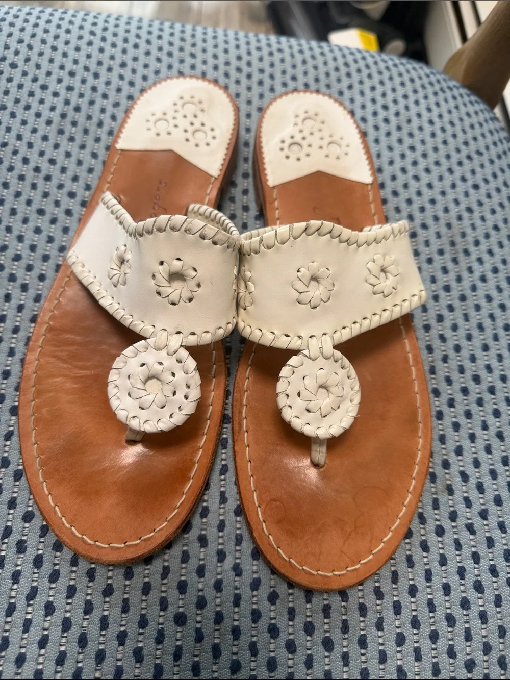 Jack Rogers White Leather Floral Toe-Post Sandals with Tan Footbed
